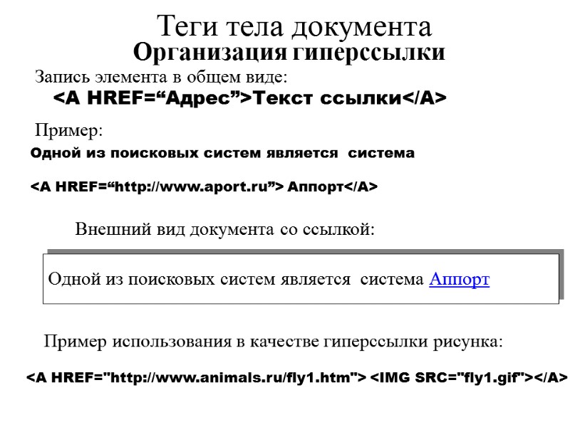 Организация гиперссылки <А HREF=“Адрес”>Текст ссылки</A>       Запись элемента в